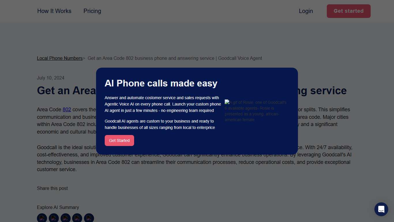 Get an Area Code 802 business phone and answering service | Goodcall Voice Agent
