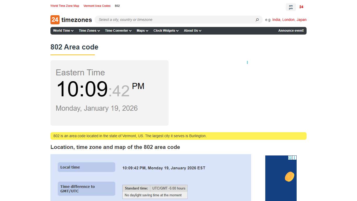 802 area code — information, time zone, map